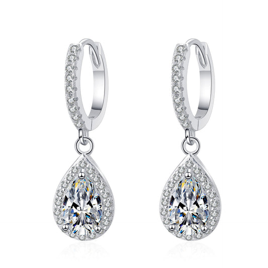 925 Sterling Silver Huggie Pear Halo Moissanite Drop Earrings