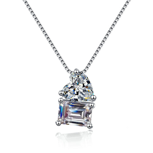 925 Sterling Silver Radiant/Emerald Moissanite Heart Necklace