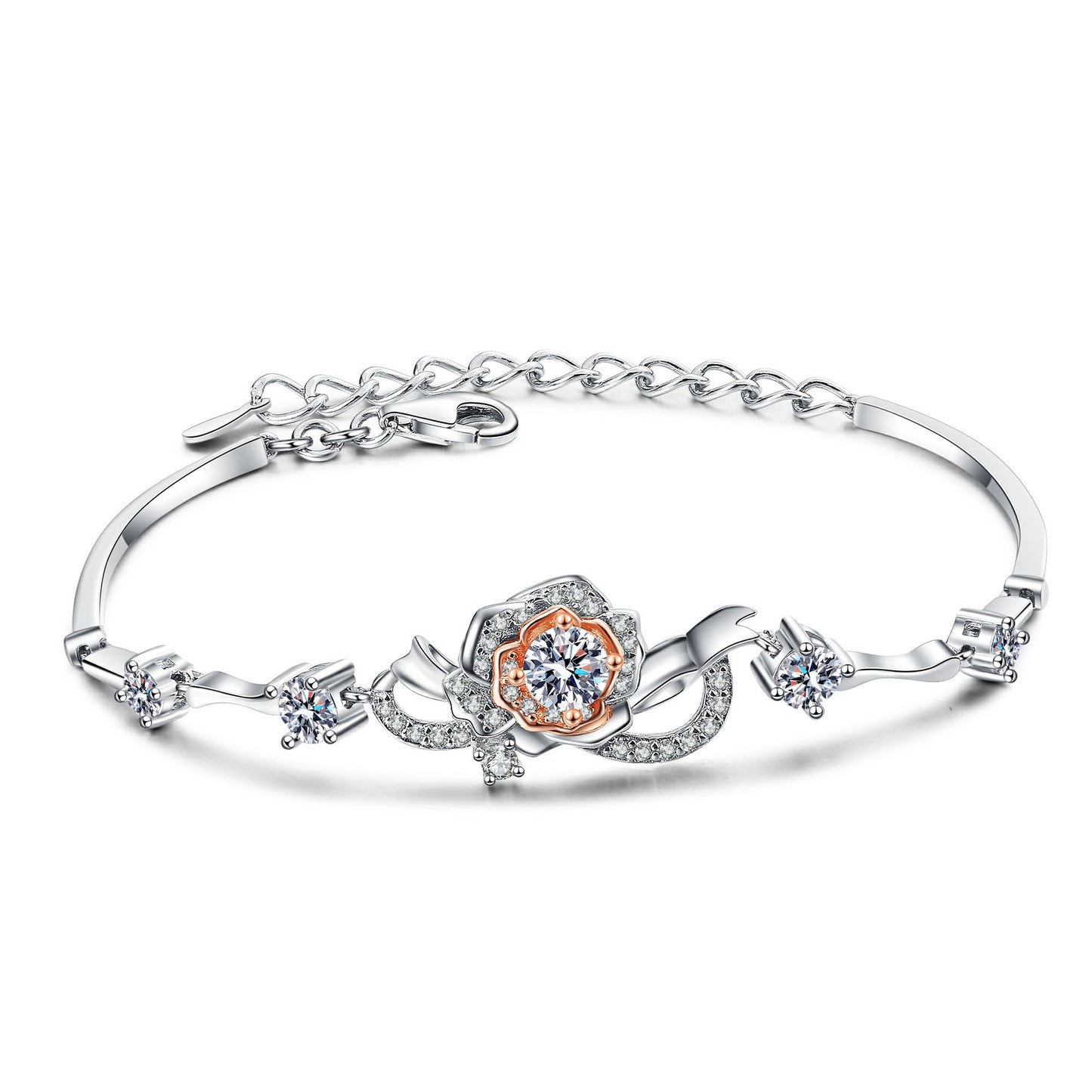 925 Sterling Silver Moissanite Flower Rosegold and White Gold Plated Bracelet or Women Girl