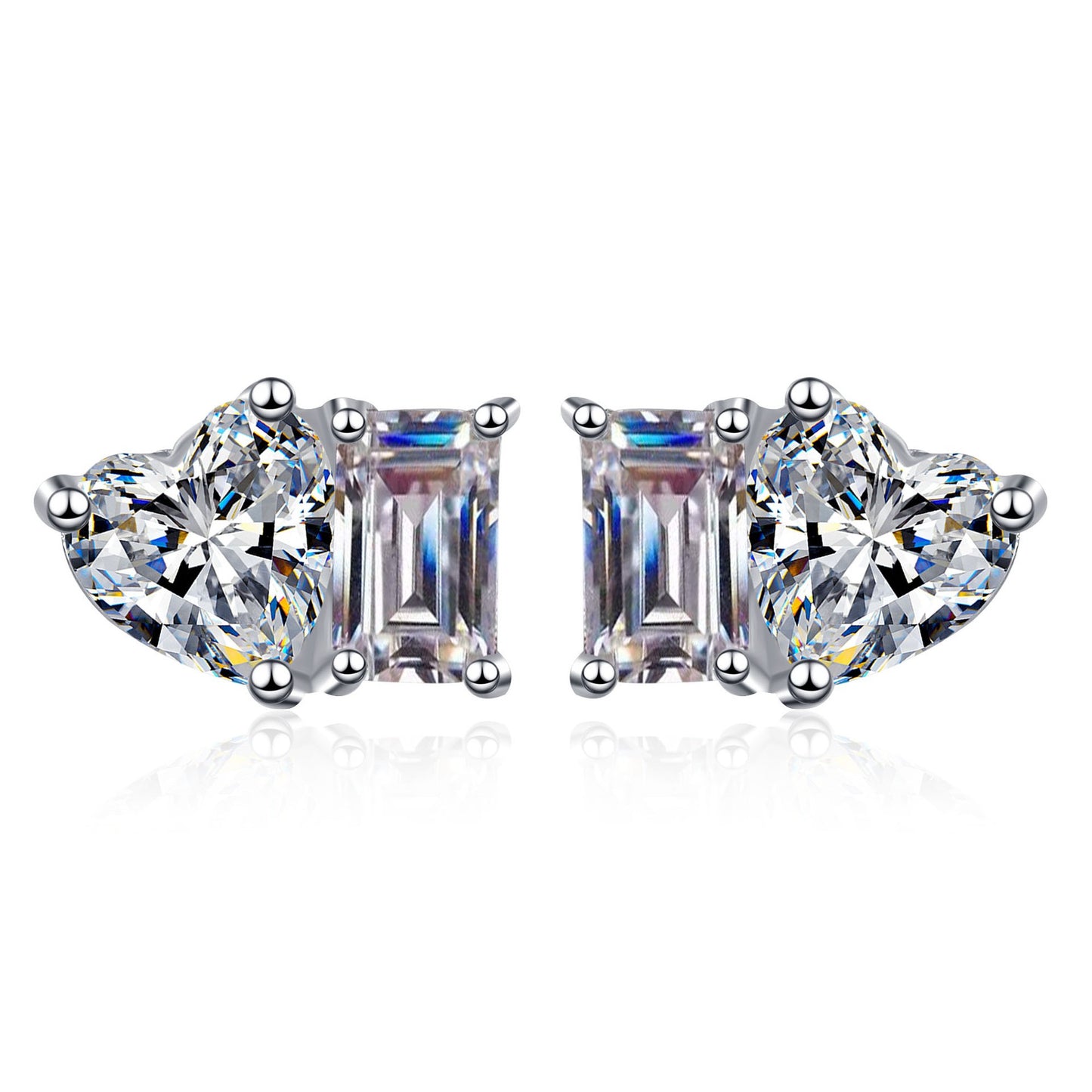 925 Sterling Silver Radiant/Emerald Moissanite Heart Stud Earrings