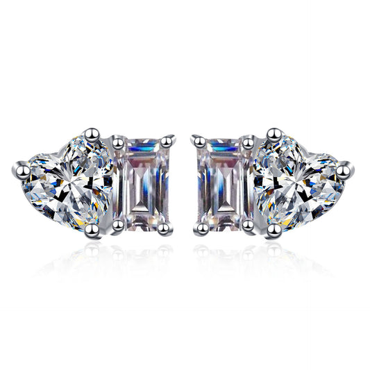 925 Sterling Silver Radiant/Emerald Moissanite Heart Stud Earrings