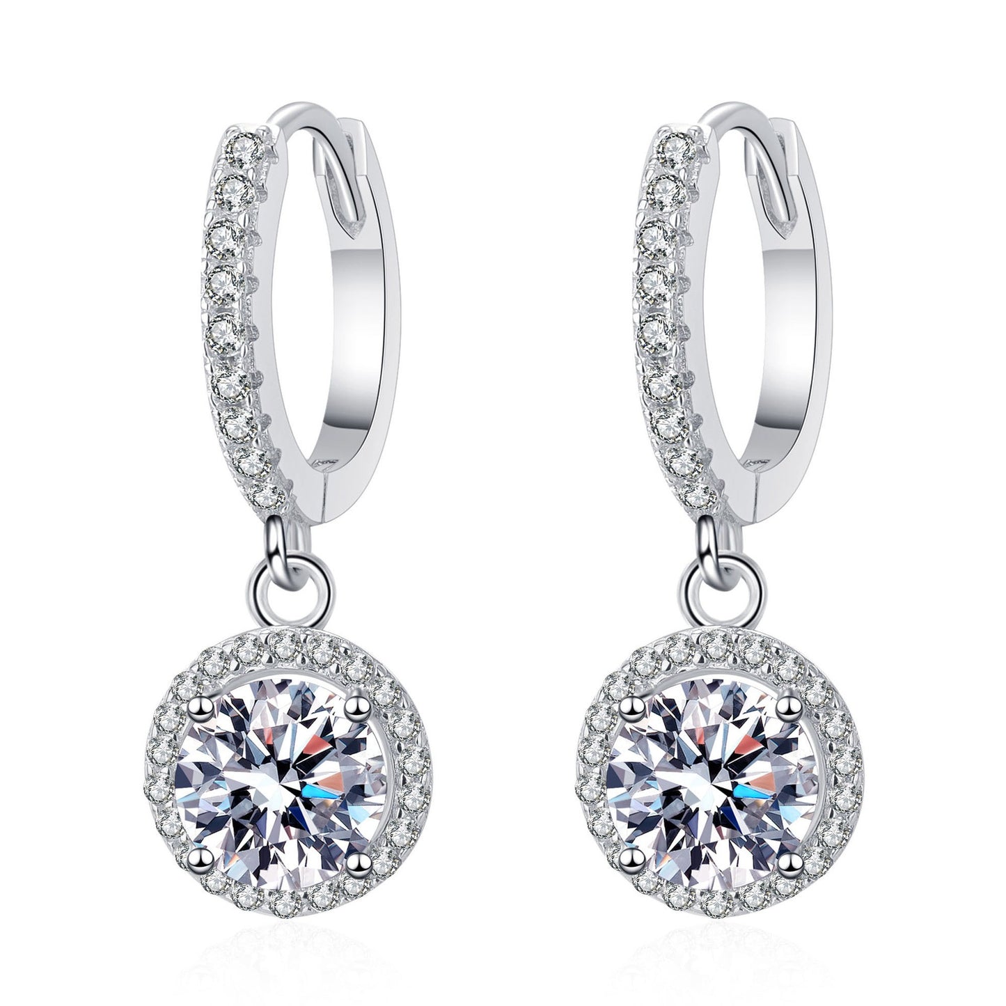 925 Sterling Silver Huggie Halo Moissanite Drop Earrings