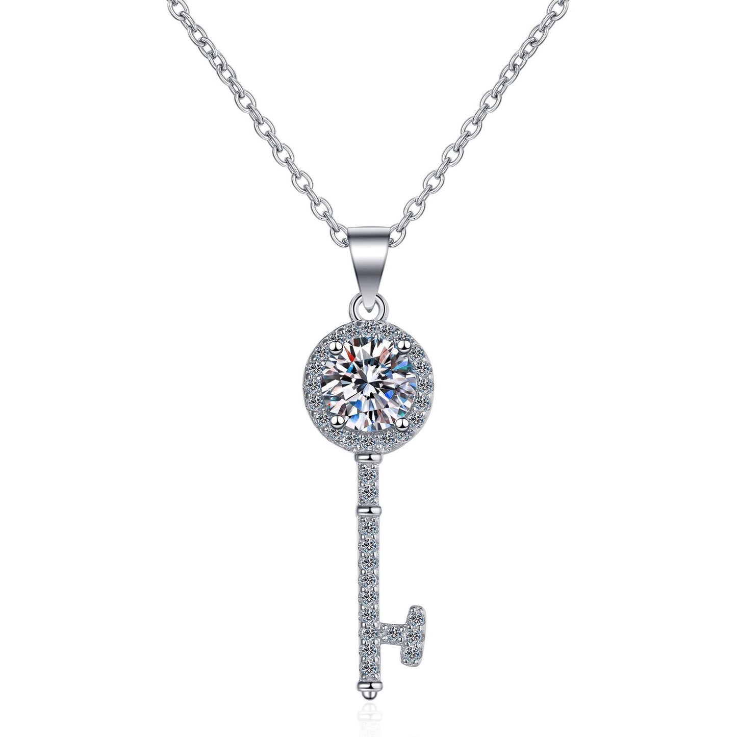 925 Sterling Silver Round Moissanite Key Pendant Necklace