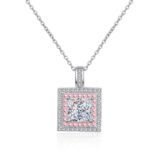 925 Sterling Silver Princess Cut Moissanite Double Halo Pendant Necklace