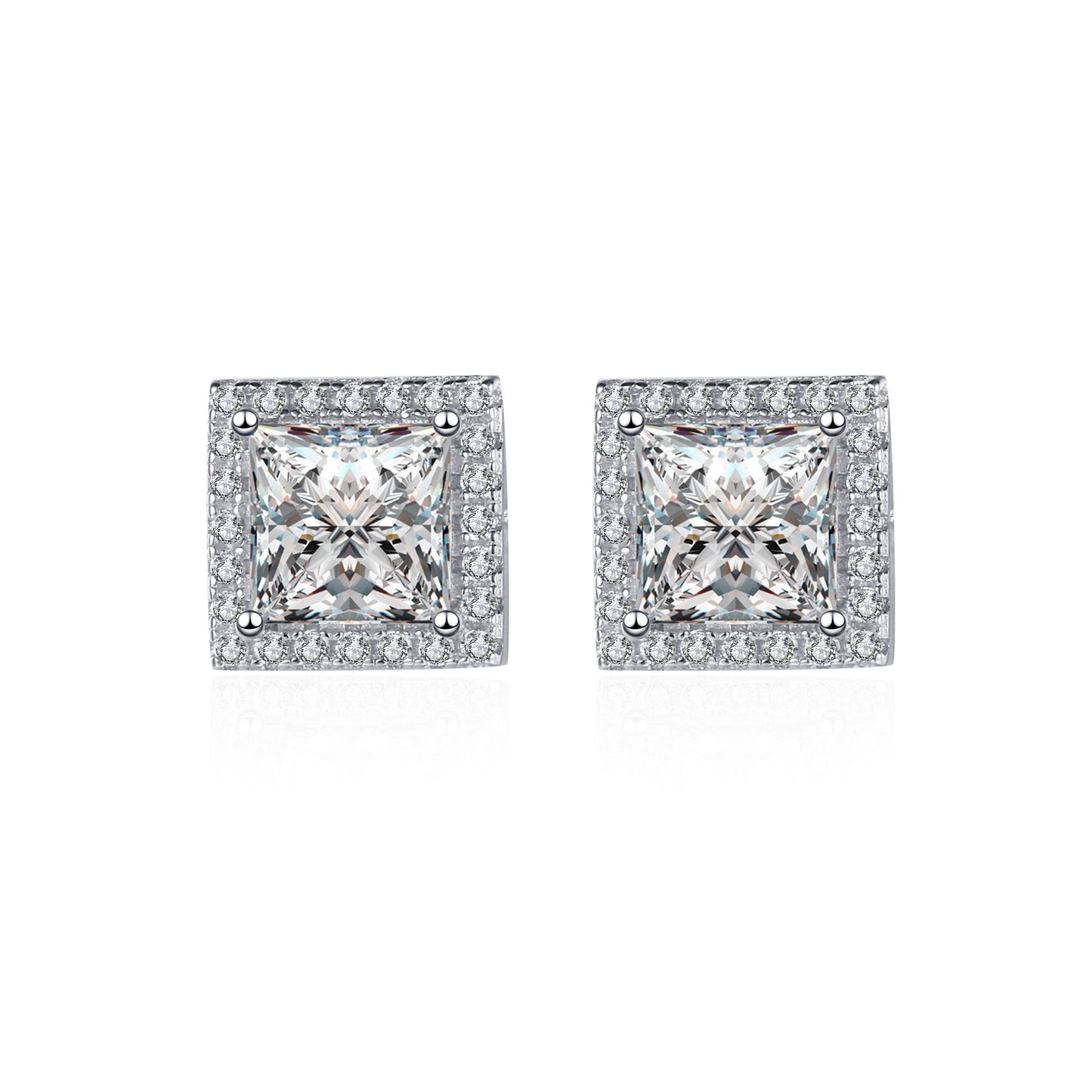 925 Sterling Silver Princess Cut Halo Moissanite Stud Earrings