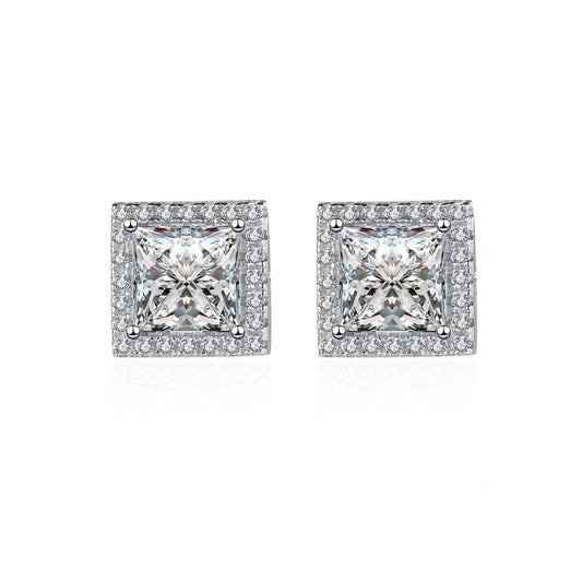 925 Sterling Silver Princess Cut Halo Moissanite Stud Earrings