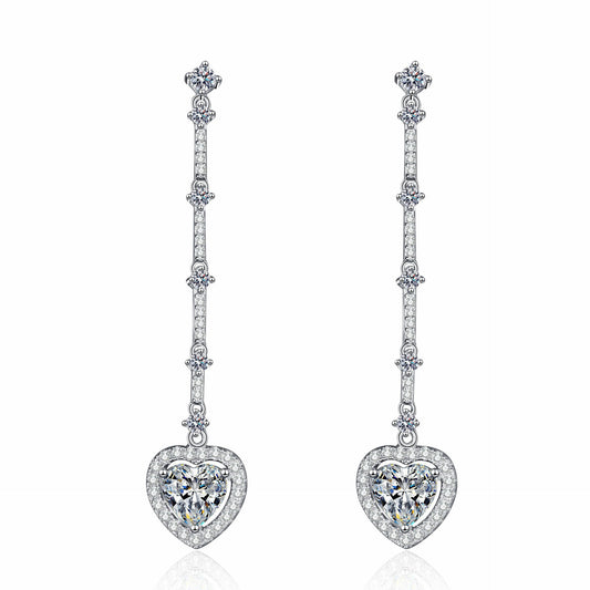 925 Sterling Silver Heart Moissanite Long Post Earrings