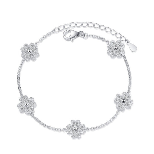 925 Sterling Silver Moissanite Lucky Four Leaf Clover Bracelet with Extension Chain for Women Girls