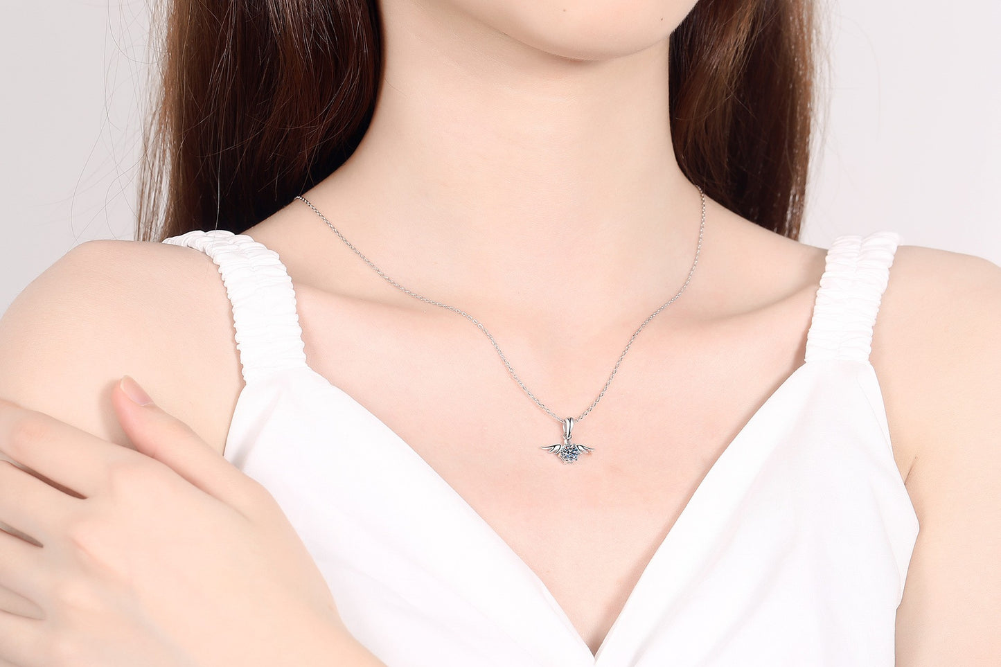 925 Sterling Silver Moissanite Angle Wings Pendant Necklace