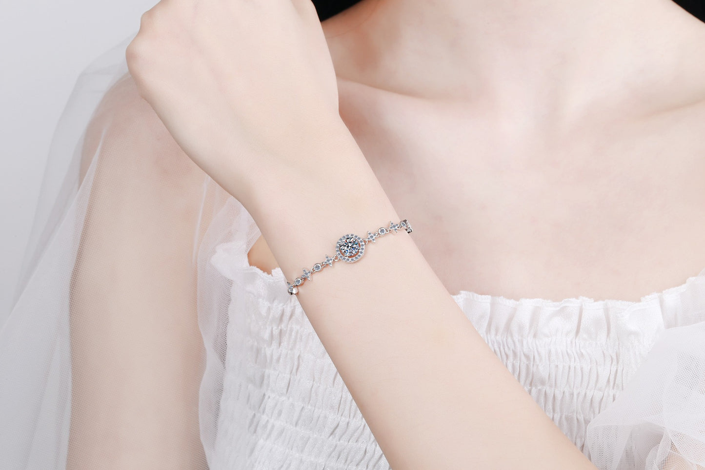 925 Sterling Silver Adjustable Moissanite Moon and Stars Bracelet for Women Girl